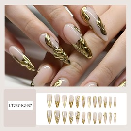 24Pcs Gold French Tip Press on Nails Long Almond Fake Nails 3D Gilded Gold Water Ripple Full Cover Design Reusable Glue on Nail Stiletto False Nails Glossy Nude Acrylic Nails for Women Luxury Manicure