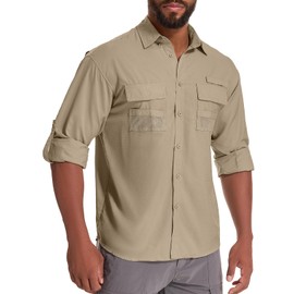 Toumett Men's Sun Protection Fishing Shirts Long Sleeve Safari Shirts UPF 50 UV Quick Dry Cooling Travel Work Shirts(5039,Khaki,M)