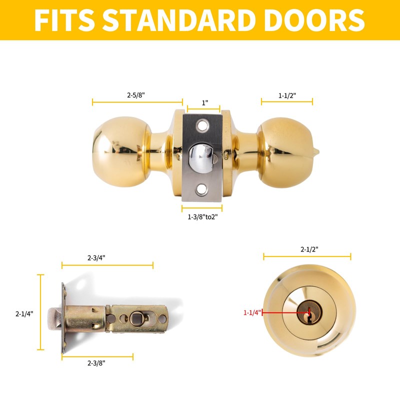 Zion Polished Brass Door Knob with Lock and Key Door