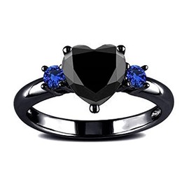 DOCCESTU Black Gold Plated Heart Ring Black Onyx Single Stone Ring Women's Heart Ring Round Cut Blue Sapphire Engagement Ring Black Spinel Heart Single Stone Ring Size 7