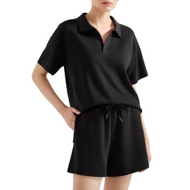 SUUKSESS Women 2 Piece Summer Modal Matching Lounge Sets Short Sleeve V neck Tops Drawstring Shorts With Pockets Outfits (Black, Medium)