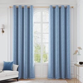FMFUNCTEX 100% Blackout Floral Curtains for Bedroom, Blue Emboosed Textured Curtains 63 Inch Length for Living Room, Thermal Insulated Patterned Curtain, Farmhouse Room Darkening Grommet 2 Panels