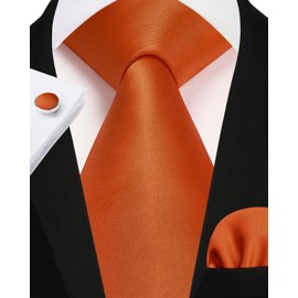 Enlision Mens Burnt Orange Tie and Pocket Square Cufflinks Set For Wedding Party Solid Color Necktie Handkerchief for Men Formal Business