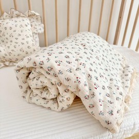 BuLuTu Elegant Floral Muslin Quilt Blankets for Kids Boys Girls Toddler Bed Blanket with Lacey Edges Soft Lightweight Toddler Comforter Crib Quilt for All Seasons, 59x47 Inches