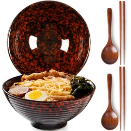 NUTRIUPS 8 Inch Ceramic Ramen Bowl Set of 2 Pho Bowls 40oz Japanese Noodle Udon Soup Bowls with Spoons and Chopsticks (Lava Burst Red)
