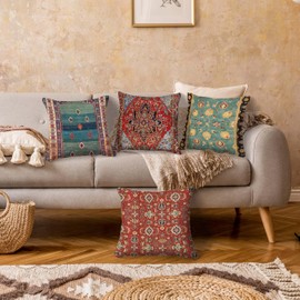 HOSTECCO Kilim Cushion Covers 45x45 cm Pack of 4 Vintage Tribal Cushion Cases Ethnic Decorative Pillow Cases for Sofa Couch Bed
