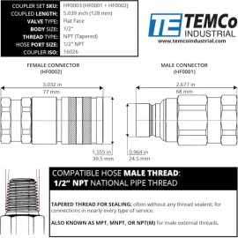 TEMCo 12인치 여성 NPT 스레드 바디 페어 유압 커플러 ISO 16028 평면 퀵 커넥트 HF0003 HF0001 HF0002 TEMCo 12-Inch Female NPT Thread Body Fair Hydraulic Coupler ISO 16028 Flat Quick Connect HF0003 HF0001 HF0002