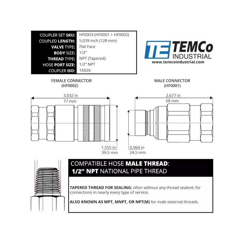 TEMCo 12인치 여성 NPT 스레드 바디 페어 유압 커플러 ISO