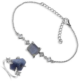 real raw blue sapphire chain bracelet and ring set september birthstone gift for her solid 925 sterling silver rhodium plated solitaire healing crystal jewelry uniquelan jewelry (blue-sapphire, 8)