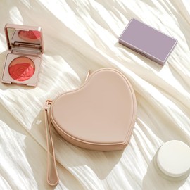 JOVAKIT Small Heart Shaped Portable Silicone Makeup Bag for Women, Travel Waterproof Cosmetic Bag Gifts for Women Girls, Zipper Closure Makeup Case with Handle (Light Brown)
