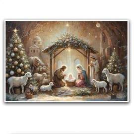 Christmas Nativity Canvas Painting Swaddled Baby Savior Praying Holy Man and Woman Humble Sheep Manger Scene Quiet Night Suitable for Teenagers Home Bedroom Living Room Study Wall Art Decoration