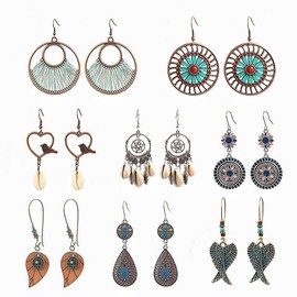 Magnoloran 8 Pairs Bohemian Earrings for Women Vintage Boho Dangle Drop Earrings Retro Metal Hollow Hoop Earrings Geometric Teardrop Earring Ethnic Style Jewelry Earrings Set, Small, Brass