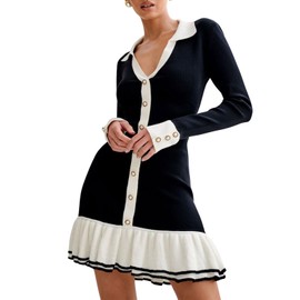 chouyatou Women's Long Sleeve Ruffle Hem Bodycon Knit Sweater Mini Dress Collared Back Tie Knot Cut Out Dress (Small, Black)