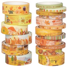 YUBX Autumn Washi Tape Set 18 Rolls Fall Printed Embellishment Yellow Decorative Masking Tapes for Arts, DIY Crafts, Journals, Planners, Scrapbook, Wrapping