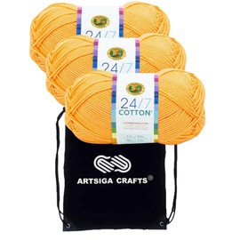 Lion Brand 24/7 Cotton Creamsicle 761-132 (3-Skeins - Same Dye Lot) Worsted Medium #4 Cotton Yarn for Crocheting and Knitting with Project Bag
