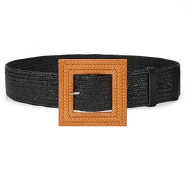 SANSTHS Womens Wide Elastic Belt, Boho Straw Braided Belt for Dresses Jeans Coats with Square Buckle, Black L