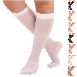 ABSOLUTE SUPPORT Made in USA - Sheer Compression Support Socks for Women 15-20mmHg | For Varicose Veins Circulation during Travel - White, Large - ATRAVEL101WH3