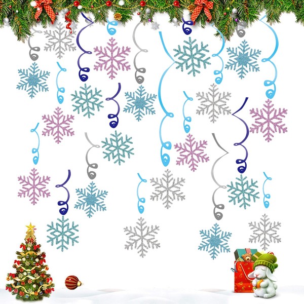 30PCS Christmas Snowflake Hanging Swirl Decorations,Christmas Snowflake Themed Party Spiral