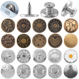 OIIKI 20 Sets Jeans Buttons for Loose Jeans, Metal Button Pins for Pants, Without Sewing, Easy to Install, Jean Button Replacement for Shirts, Coats - Silver, Brass