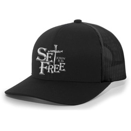 Christian Set Free John 8:36 Nail Cross Jesus Mens Mesh Back Trucker Hat Baseball Cap, Black/Black