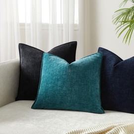 JUSPURBET Set of 2 Peacock Blue Chenille Throw Pillow Covers 26x26 Inch Soft Textured Decorative Cushion Cases for Couch Sofa Bed Solid Home Decor Pillowcases