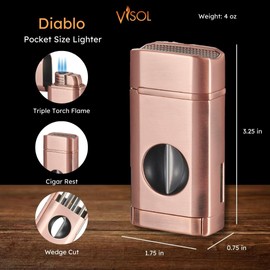 Visol Diablo Butane Torch Triple Flame Refillable Gas Lighter, Built in Cutter, Built in Holder, Windproof Adjustable Flame Lighter (Shipped Without Butane) (Bronze)