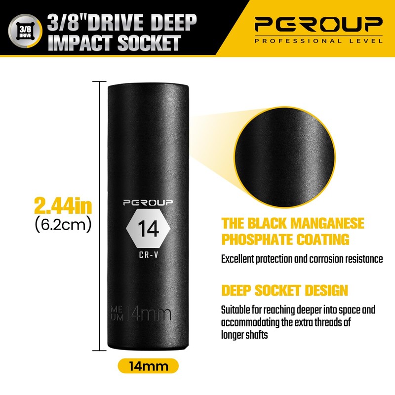 PGROUP 3/8” Drive Deep Impact Socket, Metric(14mm socket), 6-Point, Cr-V