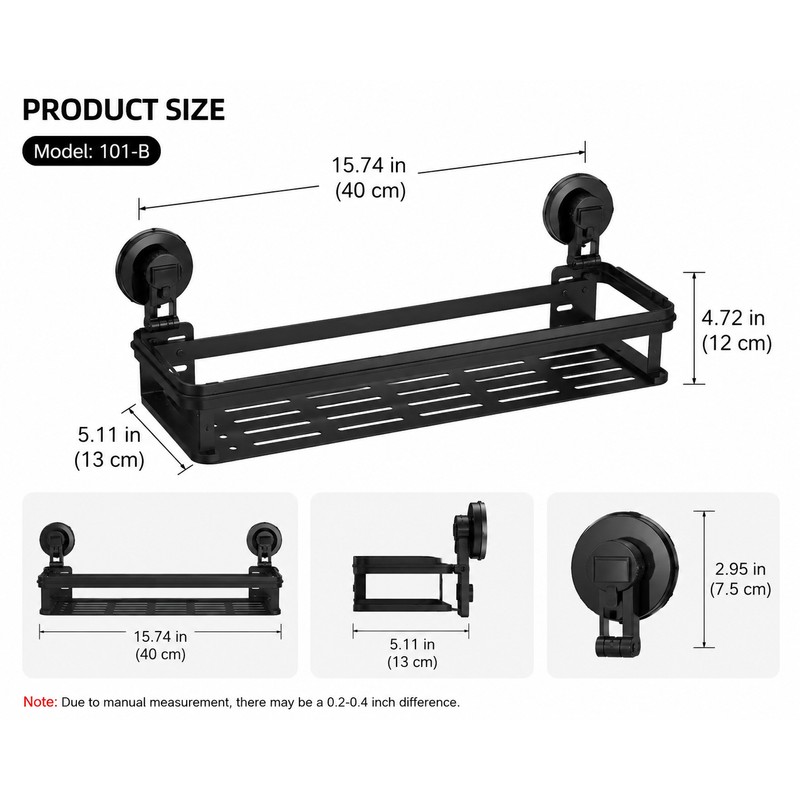 Black Aluminum Bathroom Storage Rack with Suction Cup Wall Mounted