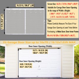 16x7 FT Garage Door Screen for 2 Car Garage - Magnetic Retractable White Fiberglass Mesh 16x7ft & Heavy Duty Weighted Bottom, Include Screws & Repair Patches - Easy Assembly for Patio Balcony or Porch