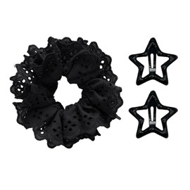 1 piece high elastic hollow hair tie with 2 star shaped hair clips, lace curls, soft elastic hair ties, suitable for large curls, lace waves and ponytails, soft and elastic Headband. (black)