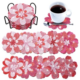 Diamond Painting Coasters with Holder, 10 Pieces 5D DIY Valentine's Day Flower Coasters with Non-Slip Cork Base, Reusable Diamond Cup Coasters for Adults and Beginners