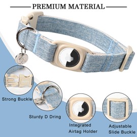 DOGWONG Airtag Cotton Hemp Dog Collar, Heavy-Duty Dog Collar with Airtag Holder Blue Dog Collar Natural Fabric Pet Dog Collar Cute Puppy Necklace for Small Medium Large Dog