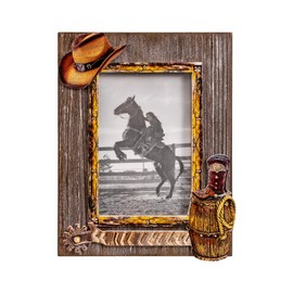 OKSQW 4 x 6 Rustic Wood Picture Frame with Cowboy Design, Solid Wooden Photo Frame with High Definition Glass, Cool Handicrafts Tabletop or Wall Mounting Great for Display for Farmhouse Home Decor. (Denim Style)