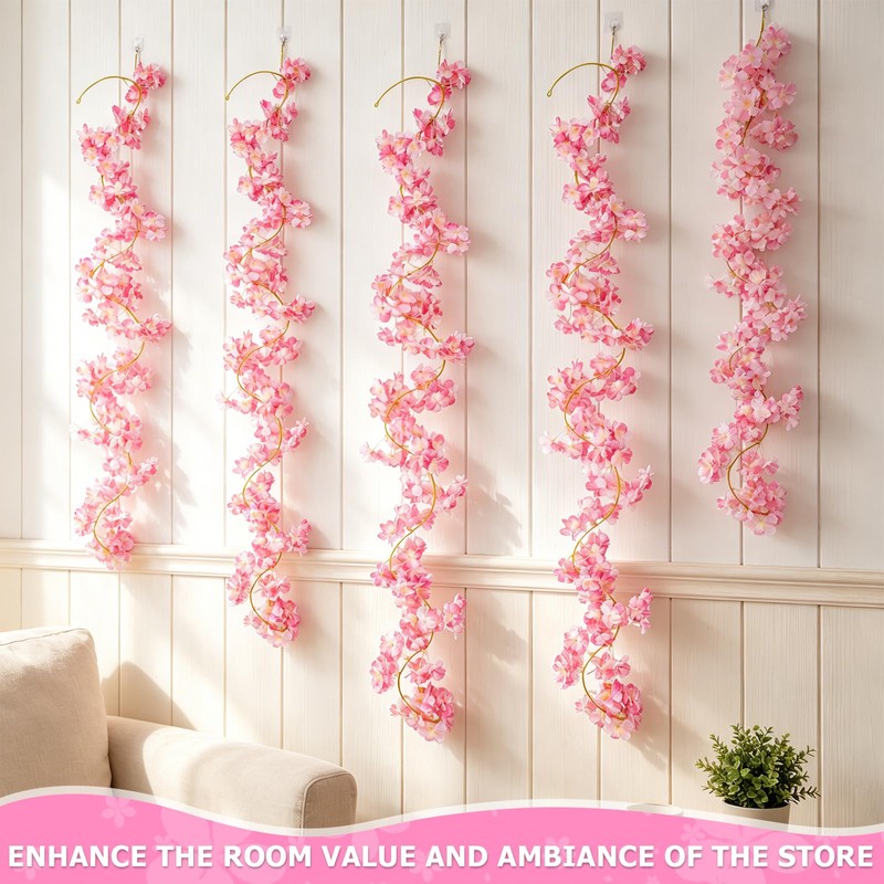 QEEYON 4 Pcs 180cm Cherry Blossom Garland, Artificial Pink Flower