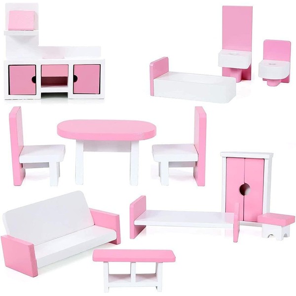 Beverly Hills Doll Collection Wooden Dollhouse Furniture Set, 24Pcs Doll House and Accessories Set with Kitchen, Living Room, Bedroom, Bathroom for Family Little People Toys Girls Boys Age 3+