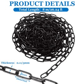 WOPPLXY 26.24 ft Length Black Chain Link, 1/8 Inch Carbon Steel Chain, Heavy Duty Coil Chain, Metal Porch Swing Chains for Home Outdoor Fence Gate, Garage Doors, Swing Chain, Bicycle Security Lock