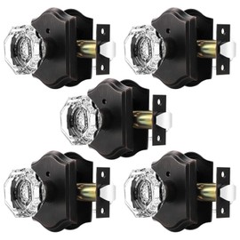 Orger Octagonal Crystal Door Knobs 5 Pack, Interior Privacy Door Handle for Bed/Bathroom with Pin Lock Inside, Oil Rubbed Bronze Vintage Rosette Door Knob with Heavy Duty Genuine Glass