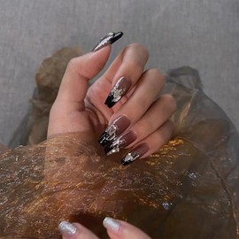 Nail Tip, Fashionable, Black, Long, 24 Pieces, Long, Sparkle, Mine-based, Korea, Mass Production Type, Popular Nail Tip, Fake Nails, Handmade False Nails, Cosplay Nail, Nail Art, DIY Nail, Unique,