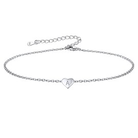 FOCALOOK Women's Girls S925 Silver Anklet Charm Anklet Heart Pendant with A to Z Letters 22 cm Anklet Waterproof Foot Clip Summer Fashion Jewellery Foot Jewellery on the Beach, 22 inches, Fabric