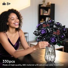 HOGOKIDS Flowers Bouquet Building Set - 15 Black Roses Botanical Collection Building Blocks Artificial Flower Toy, 330PCS Gothic Home Office Decor Christmas Birthday Gift for Adults Kids Girls Age 8+