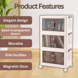 PROKTIK 30 QT 3 Tier Folding Storage Bins with Doors – Magnetic Door Foldable Storage Cabinet - Folding Storage Box with Leather Handles - Stackable and Collapsible Storage Containers for Toys, Pantry