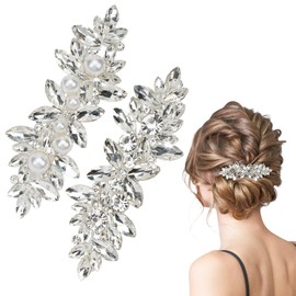 2Pcs Silver Crystal Pearl Hair Clips for Women Sparkly Rhinestone Flower Hair Barrettes French Bride Hair Clip Hair Accessories for Valentines Wedding Prom