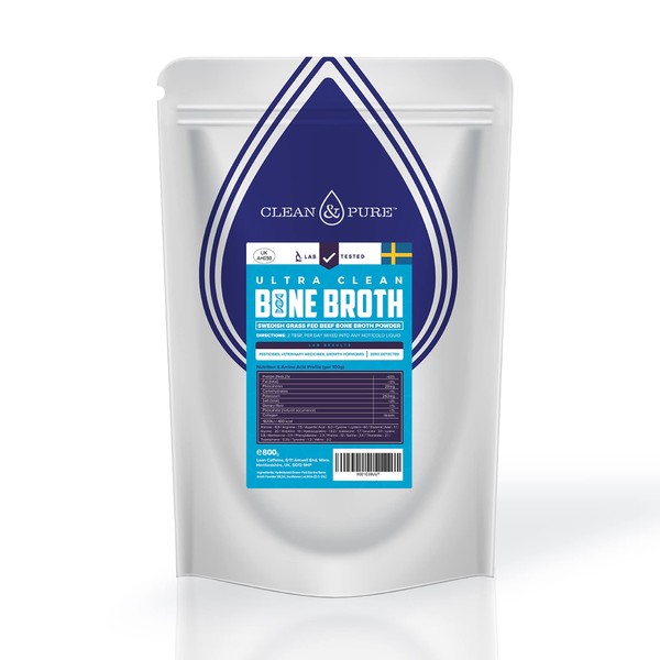 Clean & Pure Bone Broth Powder 800g | Sourced from Sweden | UK Lab Tested Bone Broth Protein Powder | Grass Fed Beef Bone Broth | 80 Servings