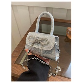 RoseSeek Women's Sparkly Bow Evening Bag Glitter Rhinestone Clutch Purse Wedding Party Handbags with Chain Strap Silver One Size