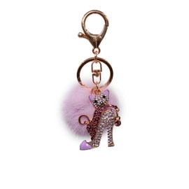 surell Mink Fur Bling Cat in a High Heel Keychain - Cute Cat Lovers Key Chain - Kitty Keychains - Luxury Bag Charm with Pompom - Lavender