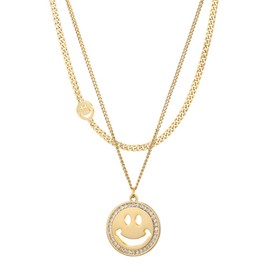 Jemant Smile Necklace for Women Gold Silver Stainless Steel Punk Hip Hop Cute Aesthetic Smile Face Necklace Double Layer for Women Pendant Rhinestone Round Jewelry Birthday Gift for Daughter