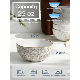DOWAN Soup Bowls Set of 6, 26 OZ Cereal Bowls for Kitchen, 6" Ceramic Embossment Bowl for Salad, Pho, Fruits, Rice, Large Bowls Decor & Housewarming Gift, Dishwasher & Microwave Safe