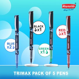 Reynolds TRIMAX RollerBall Pen SET - 5 PENS (ASSORTED)| ROLLER BALL PEN FOR WRITING | PEN FOR STUDENTS & OFFICE STATIONERY | 0.5 mm TIP SIZE