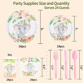 AWLZJZQA 192 Pcs Elephant Baby Shower Plates and Cups and Napkins Sets Serve 24 Guests Pink Elephant Baby Shower Decorations Gender Reveal Themes Party Supplies Decor Birthday Paper Tableware Girl