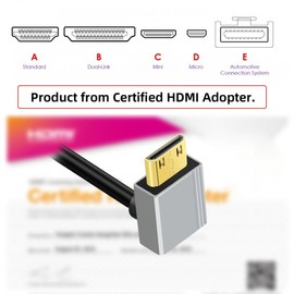 CY 90 Degree Up Angled Mini HDMI 2.1 Ultra Thin HDTV Cable 8K 4K Hyper Super Flexible Slim Cord Type-A to Type-C for Camera HDTV 50cm